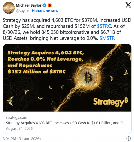 Компания Strategy возобновила покупку биткоинов, пополнив резерв на 4603 BTC